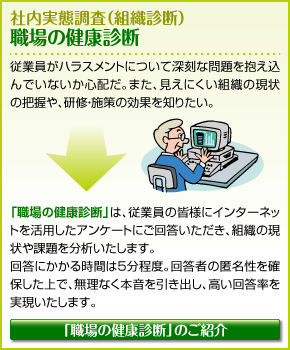 職場の健康診断 従業員がハラスメントについて深刻な問題を抱え込んでいないか心配だ。また、見えにくい組織の現状の把握や、研修・施策の効果を知りたい。「職場の健康診断」は、従業員の皆様にインターネットを活用したアンケートにご回答いただき、組織の現状や課題を分析いたします。回答にかかる時間は５分程度。回答者の匿名性を確保した上で、無理なく本音を引き出し、高い回答率を実現いたします。